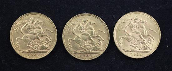 Two Edward VII gold sovereigns, 1902 and 1909, (3)